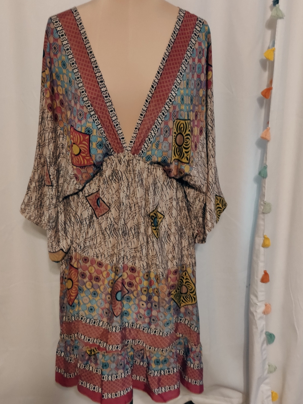 LUZ tribal Silk Kimono Dress deep V bold colors & print Resort Mini S